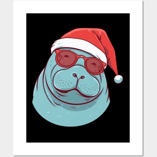 manatee in a Christmas hat Posters and Art